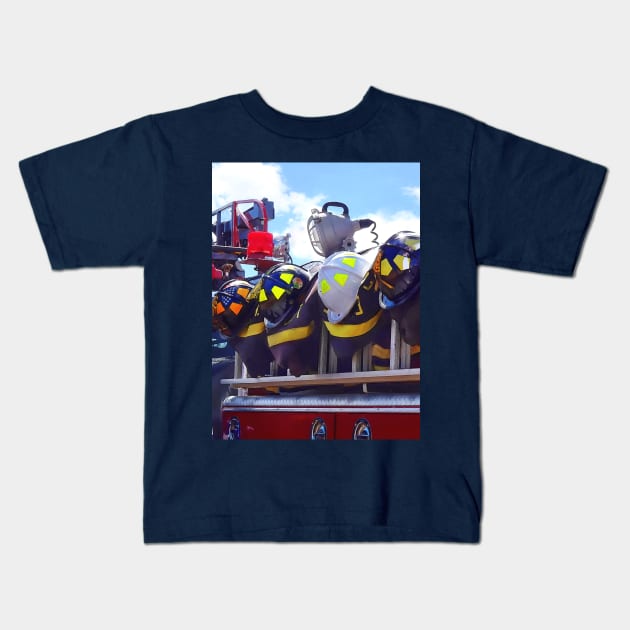 Firefighters - Helmet on Fire Truck Kids T-Shirt by SusanSavad